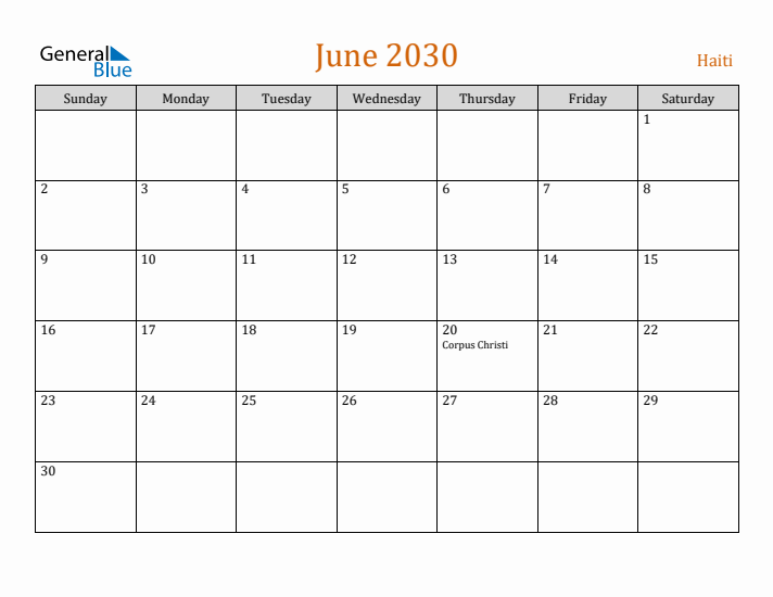 June 2030 Holiday Calendar with Sunday Start