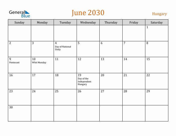 June 2030 Holiday Calendar with Sunday Start