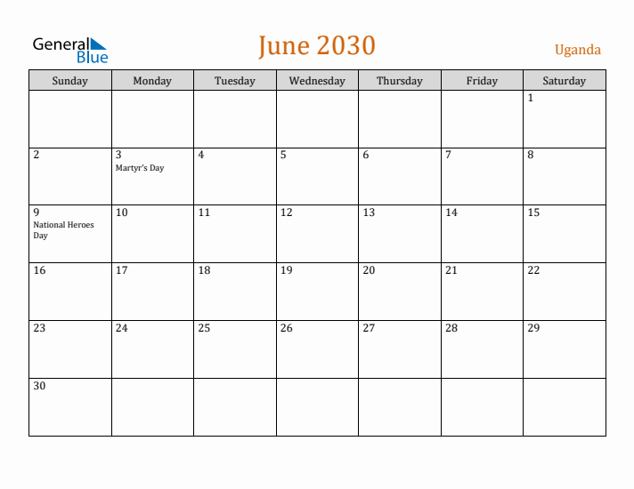 June 2030 Holiday Calendar with Sunday Start