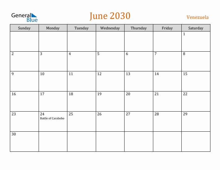 June 2030 Holiday Calendar with Sunday Start