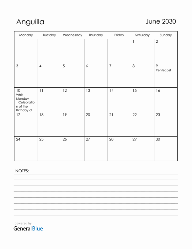 June 2030 Anguilla Calendar with Holidays (Monday Start)