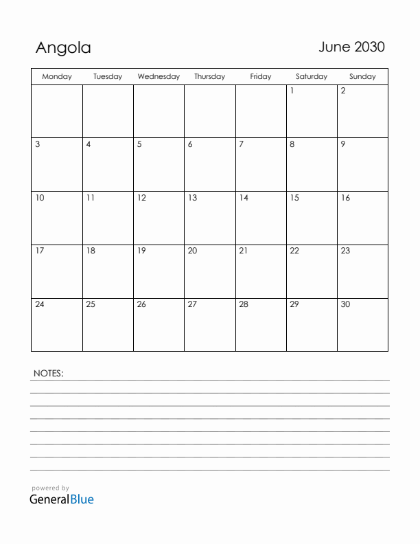 June 2030 Angola Calendar with Holidays (Monday Start)