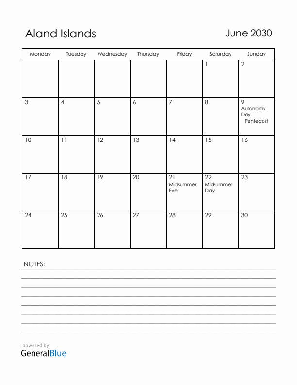June 2030 Aland Islands Calendar with Holidays (Monday Start)