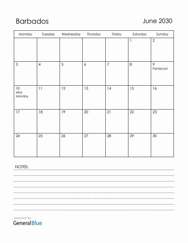 June 2030 Barbados Calendar with Holidays (Monday Start)