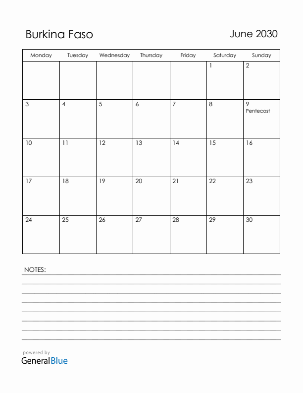 June 2030 Burkina Faso Calendar with Holidays (Monday Start)