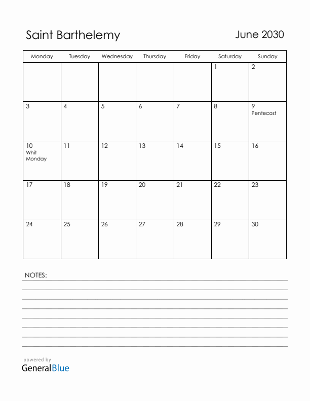 June 2030 Saint Barthelemy Calendar with Holidays (Monday Start)