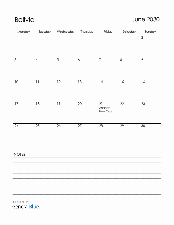 June 2030 Bolivia Calendar with Holidays (Monday Start)
