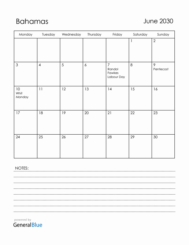June 2030 Bahamas Calendar with Holidays (Monday Start)