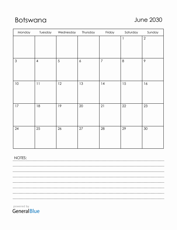 June 2030 Botswana Calendar with Holidays (Monday Start)