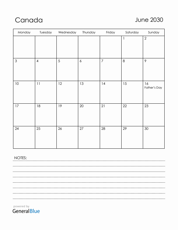 June 2030 Canada Calendar with Holidays (Monday Start)