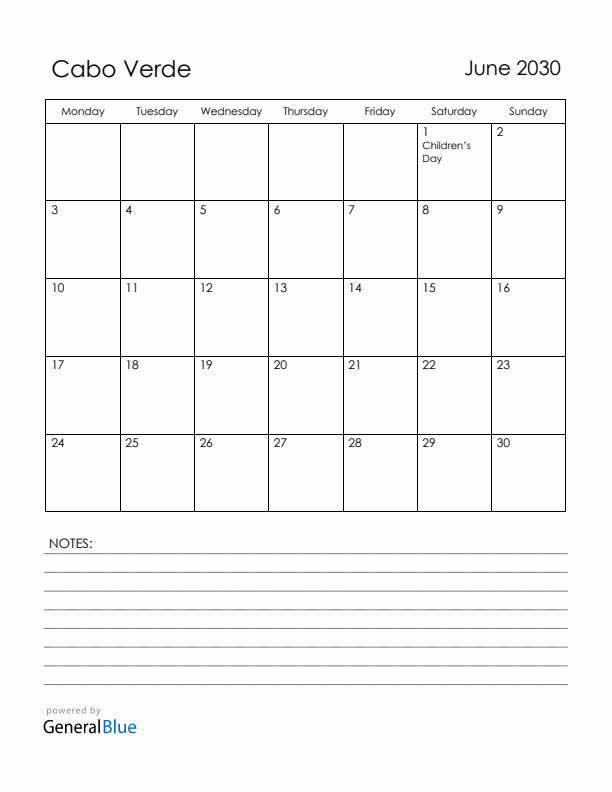 June 2030 Cabo Verde Calendar with Holidays (Monday Start)