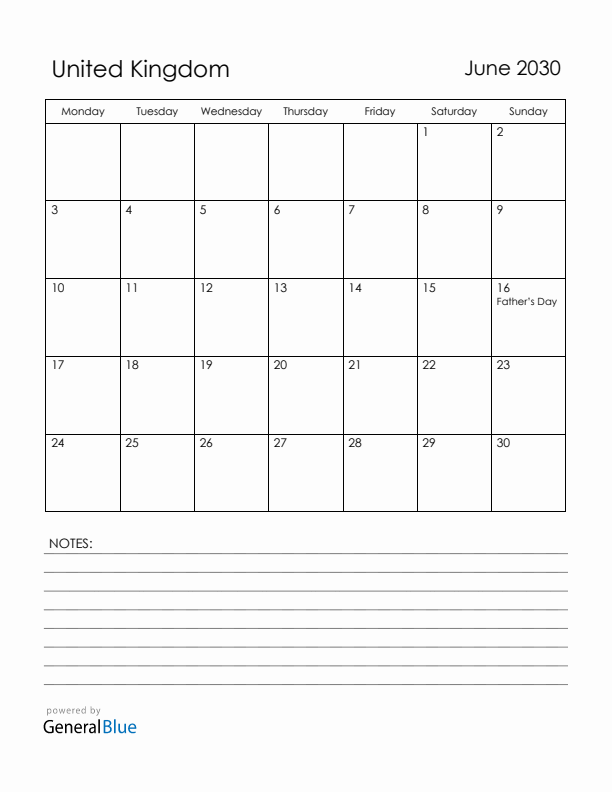 June 2030 United Kingdom Calendar with Holidays (Monday Start)