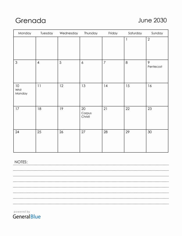 June 2030 Grenada Calendar with Holidays (Monday Start)