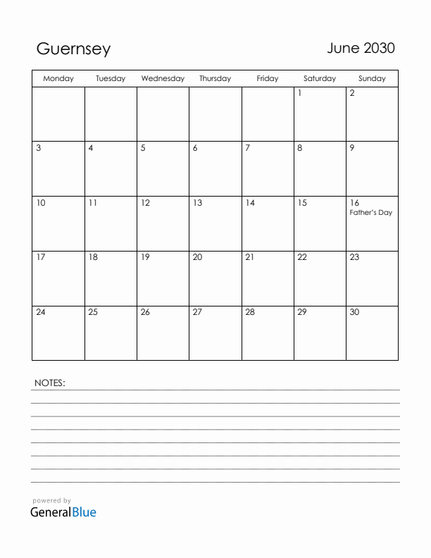 June 2030 Guernsey Calendar with Holidays (Monday Start)