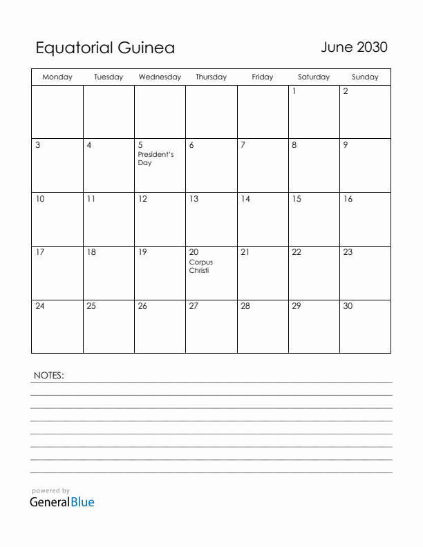 June 2030 Equatorial Guinea Calendar with Holidays (Monday Start)