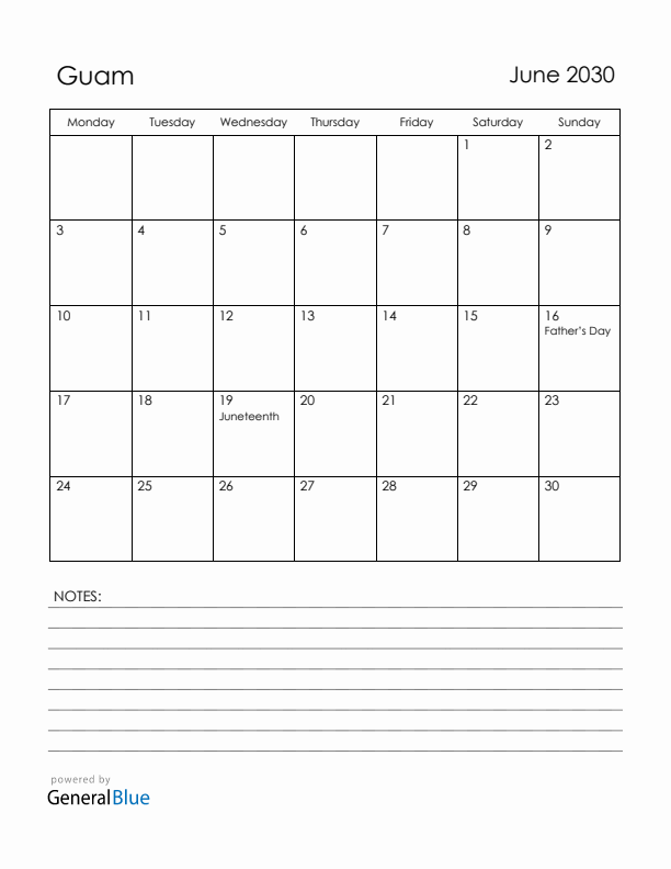 June 2030 Guam Calendar with Holidays (Monday Start)
