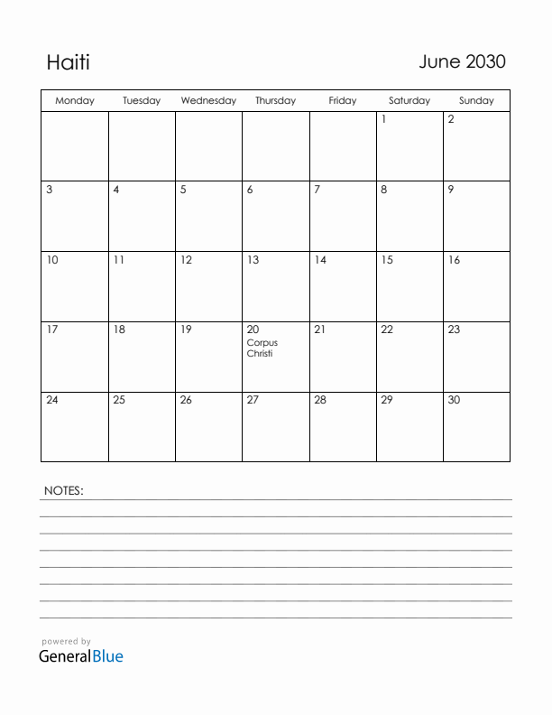 June 2030 Haiti Calendar with Holidays (Monday Start)