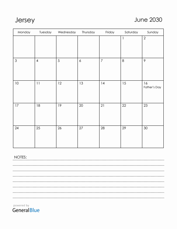 June 2030 Jersey Calendar with Holidays (Monday Start)