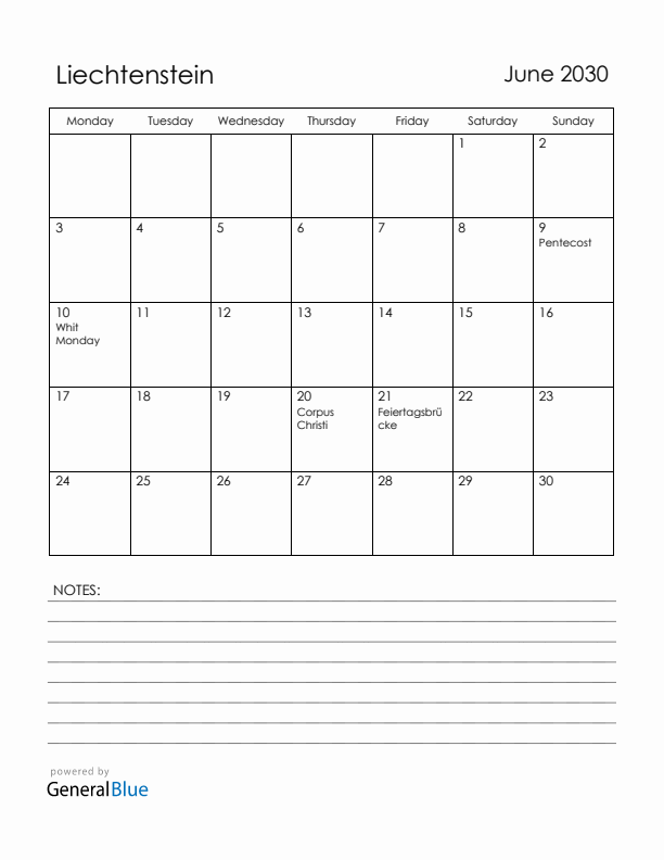 June 2030 Liechtenstein Calendar with Holidays (Monday Start)