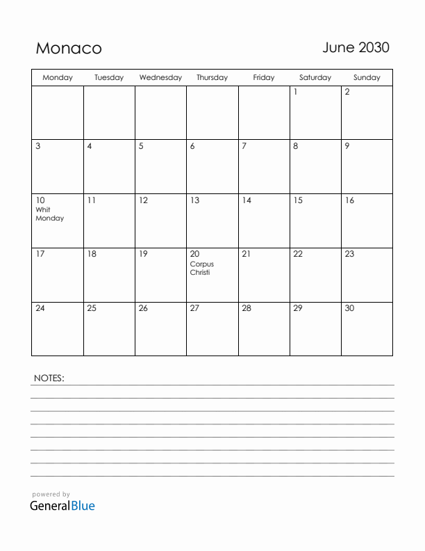 June 2030 Monaco Calendar with Holidays (Monday Start)