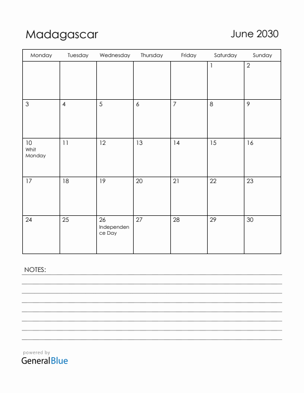 June 2030 Madagascar Calendar with Holidays (Monday Start)