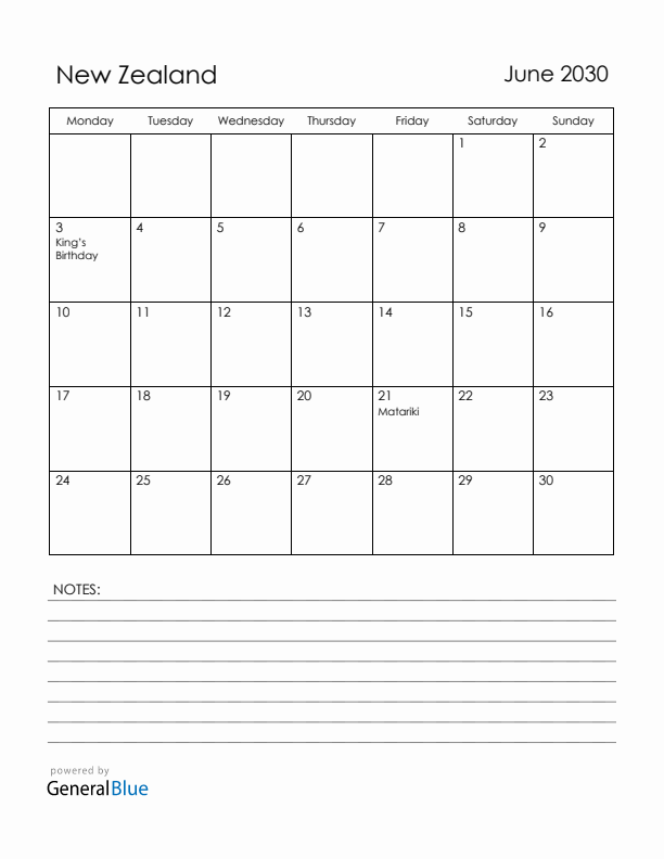 June 2030 New Zealand Calendar with Holidays (Monday Start)