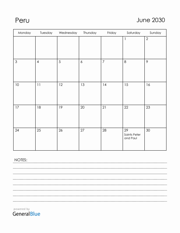 June 2030 Peru Calendar with Holidays (Monday Start)