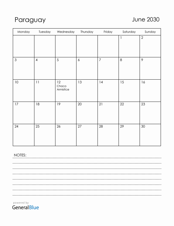 June 2030 Paraguay Calendar with Holidays (Monday Start)