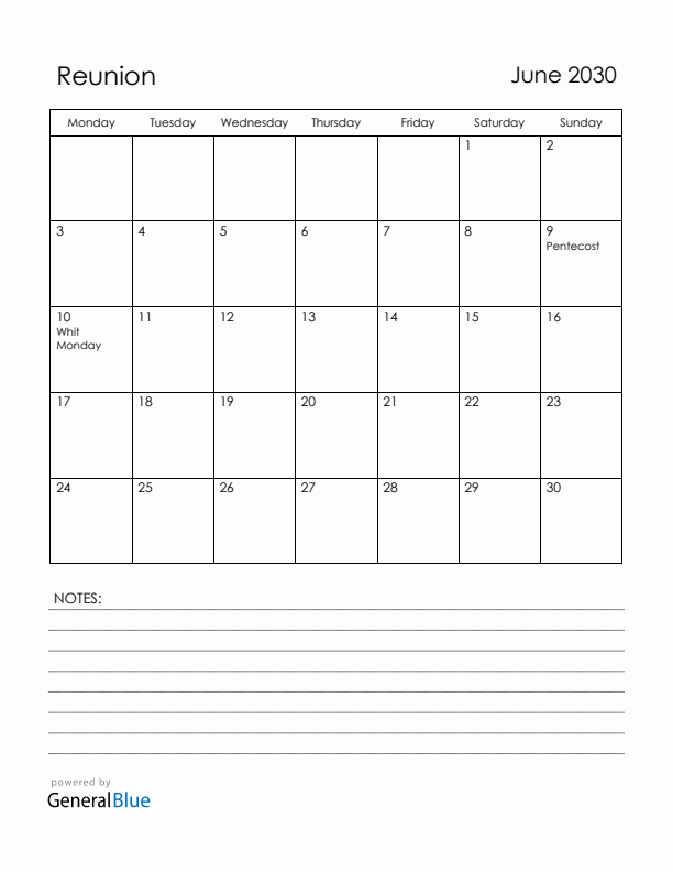 June 2030 Reunion Calendar with Holidays (Monday Start)