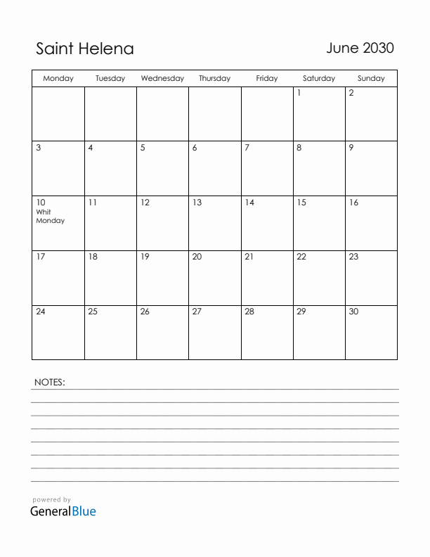 June 2030 Saint Helena Calendar with Holidays (Monday Start)