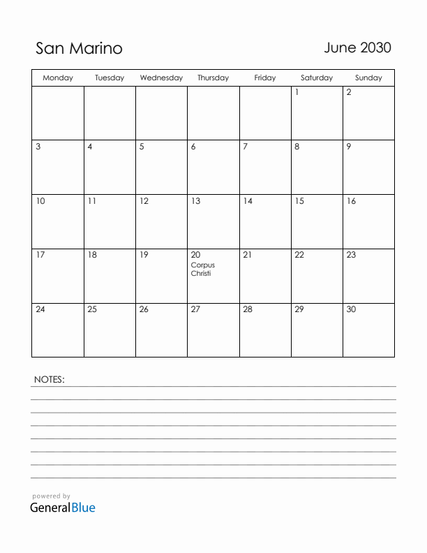 June 2030 San Marino Calendar with Holidays (Monday Start)