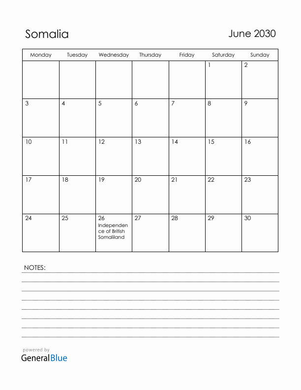 June 2030 Somalia Calendar with Holidays (Monday Start)