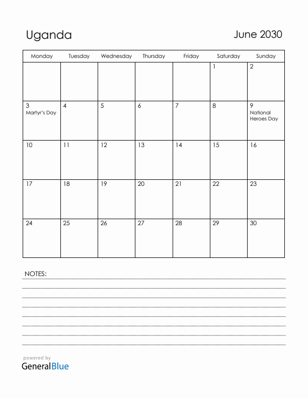 June 2030 Uganda Calendar with Holidays (Monday Start)