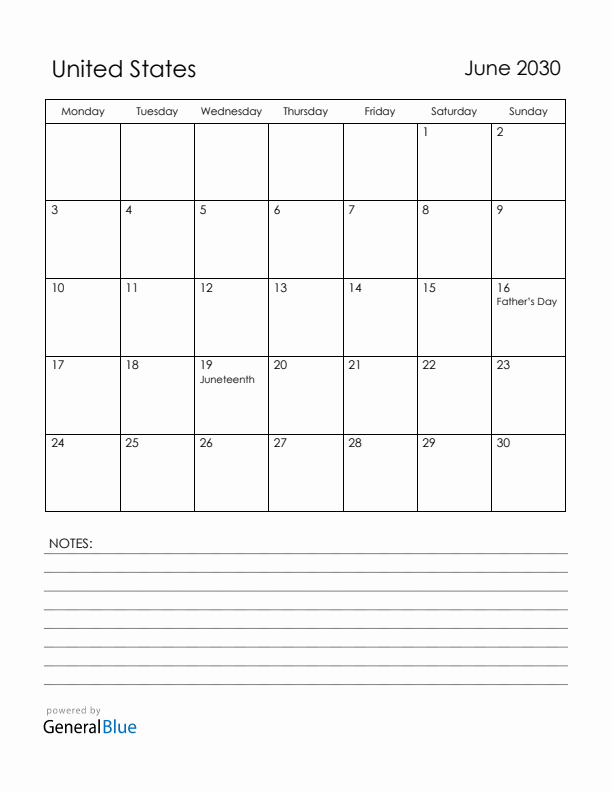 June 2030 United States Calendar with Holidays (Monday Start)