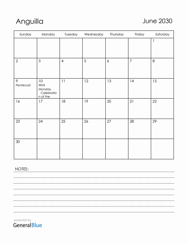 June 2030 Anguilla Calendar with Holidays (Sunday Start)