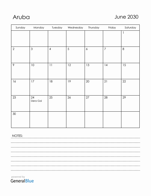 June 2030 Aruba Calendar with Holidays (Sunday Start)
