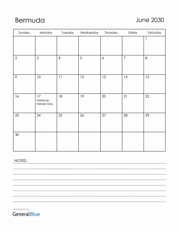 June 2030 Bermuda Calendar with Holidays (Sunday Start)