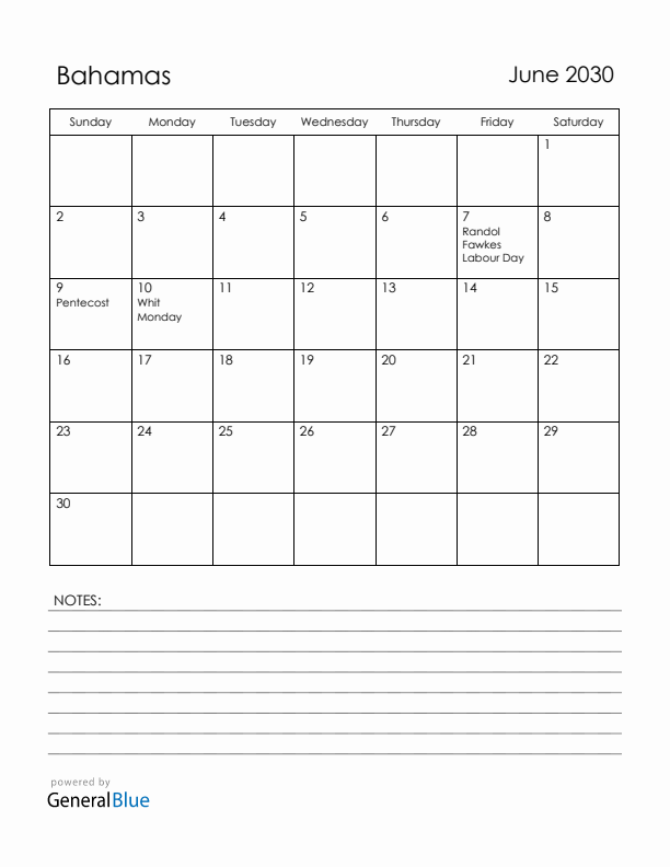 June 2030 Bahamas Calendar with Holidays (Sunday Start)