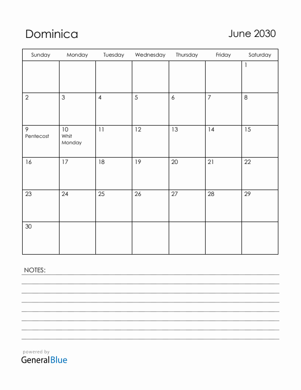 June 2030 Dominica Calendar with Holidays (Sunday Start)