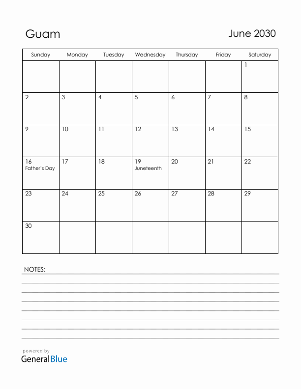 June 2030 Guam Calendar with Holidays (Sunday Start)