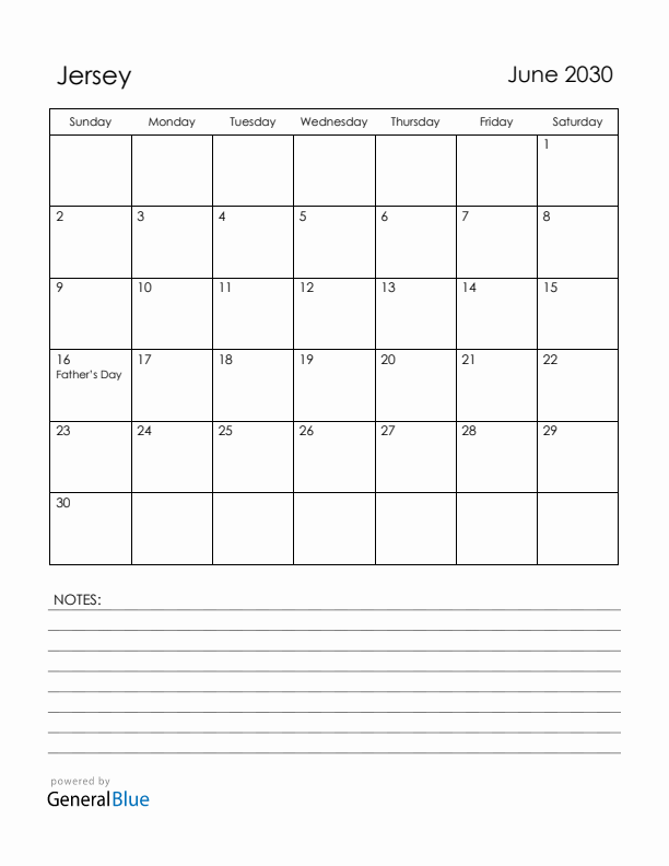 June 2030 Jersey Calendar with Holidays (Sunday Start)