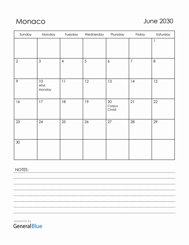 June 2030 Monaco Calendar with Holidays (Sunday Start)