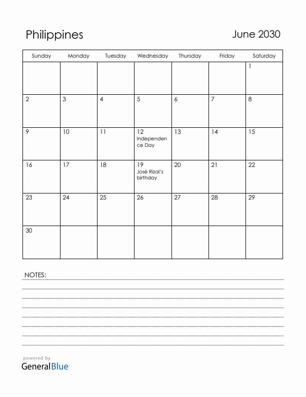 June 2030 Philippines Calendar with Holidays (Sunday Start)