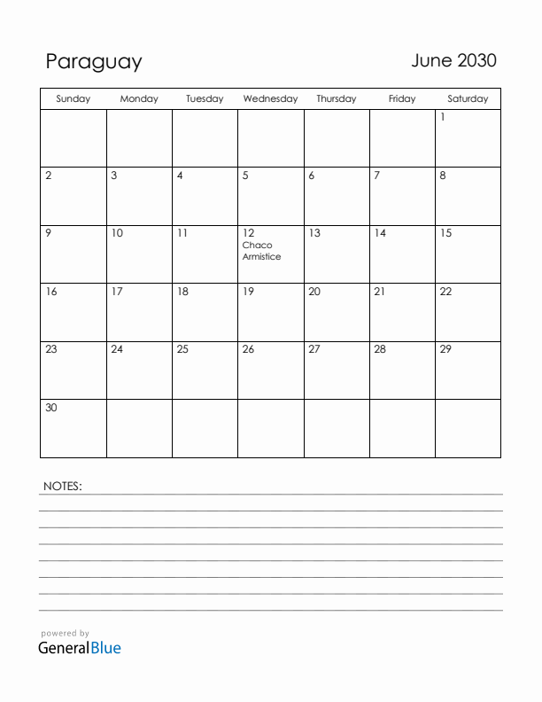 June 2030 Paraguay Calendar with Holidays (Sunday Start)