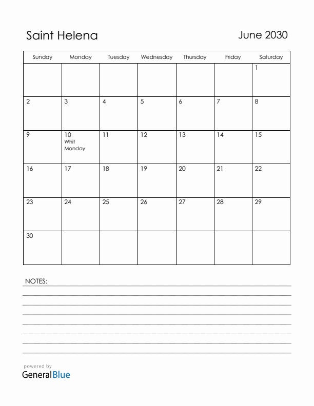 June 2030 Saint Helena Calendar with Holidays (Sunday Start)