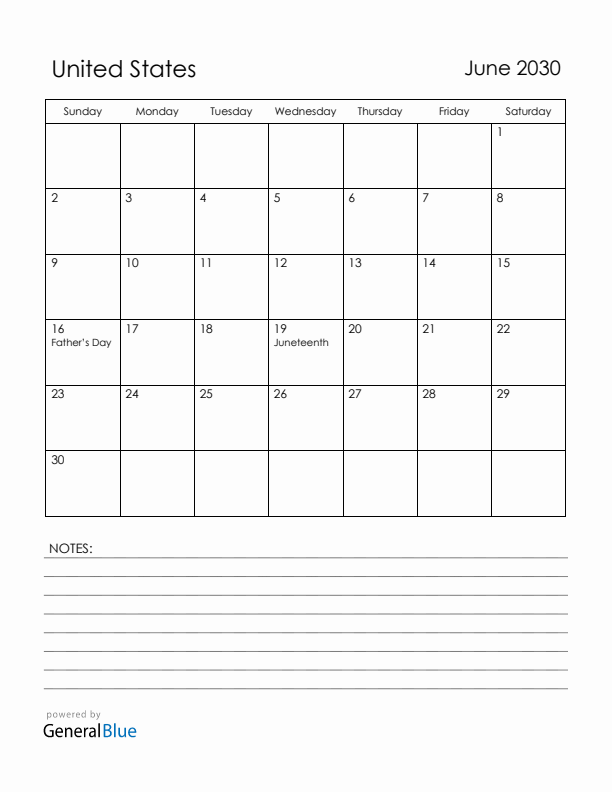 June 2030 United States Calendar with Holidays (Sunday Start)