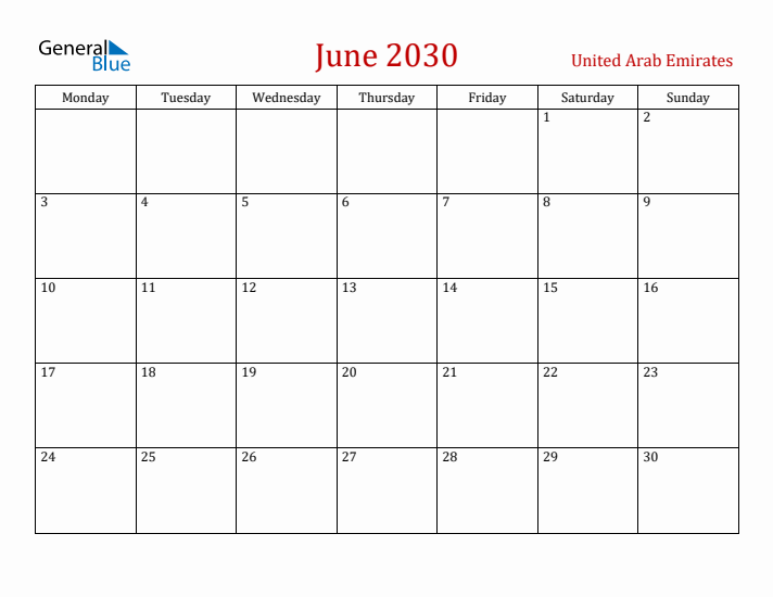 United Arab Emirates June 2030 Calendar - Monday Start