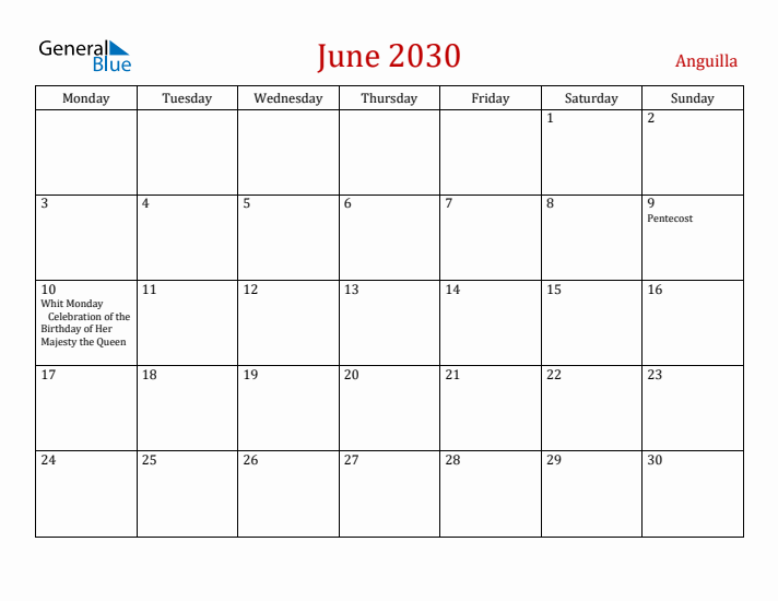 Anguilla June 2030 Calendar - Monday Start