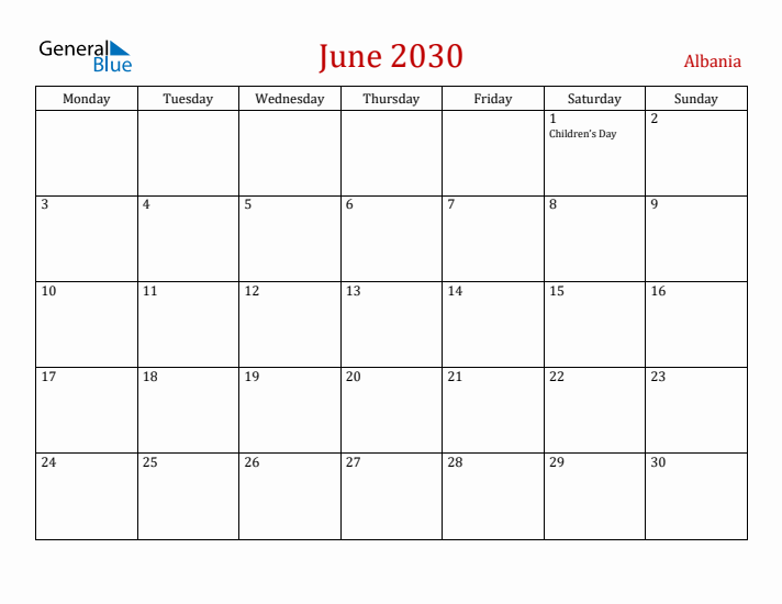 Albania June 2030 Calendar - Monday Start