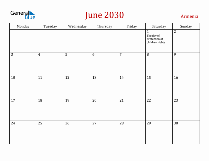 Armenia June 2030 Calendar - Monday Start